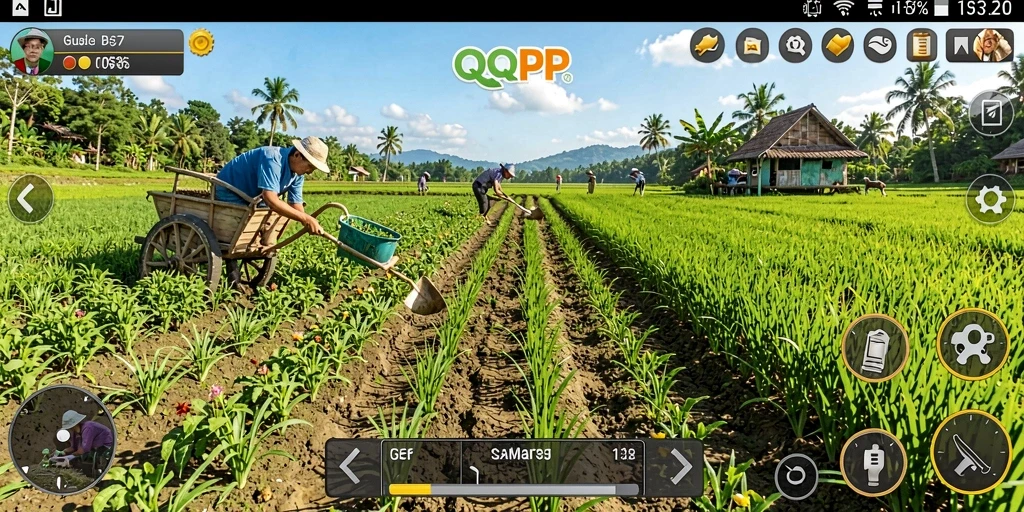 Screenshot QQRP menampilkan gameplay pertanian yang menarik dan interaktif.